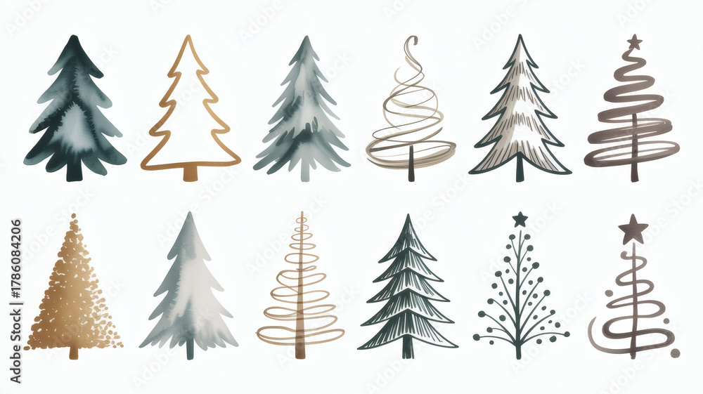 Fototapeta premium Collection of hand drawn and watercolor christmas trees in various styles