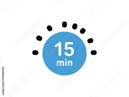 A visual representation of a timer set to 15 minutes, isolated on white background, indicating a short duration