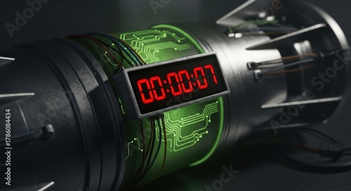 Metal bomb with timer displaying 7 seconds, circuit design and wires