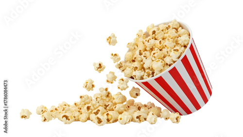 Vector illustration of red and white striped bucket overflowing with popcorn on a white background