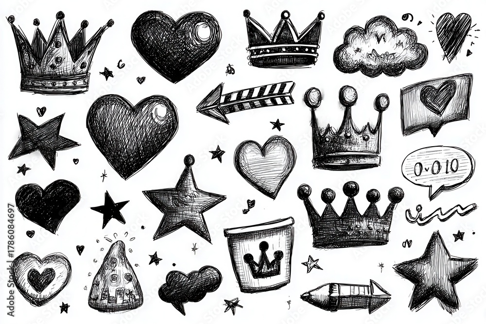 Naklejka premium Sketch of crowns, hearts, stars, clouds and an arrow in monochrome on a white background creates a cute Valentine's Day concept