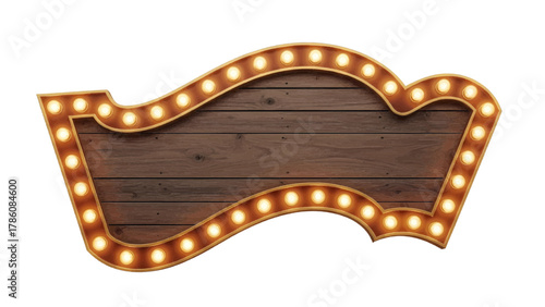 Vector illustration of retro marquee sign with light bulbs and wood texture on a white background