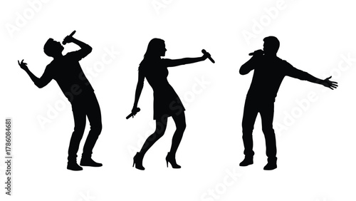 Dynamic silhouettes of singers performing isolated on white background, Vector