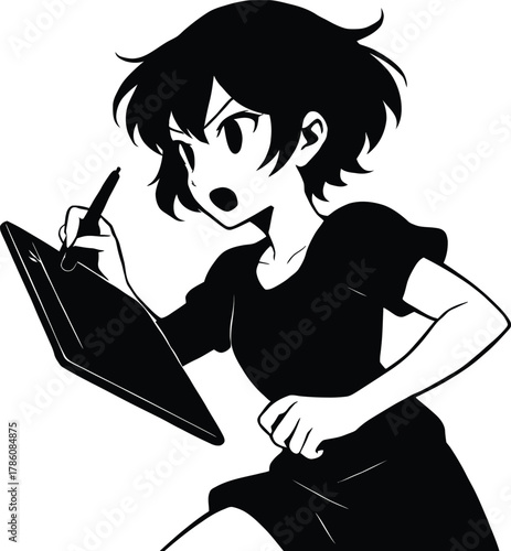 A cartoon artist drawing with focus and determination