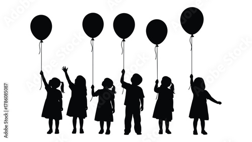 Children with balloons silhouette isolated on white background, Vector