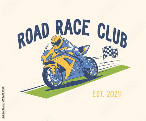 Superbike Racer Club Logo. Road Race Vintage Emblem. Retro Motorcycle Vector. Motor Sports T-shirt Print. Rider Finishing Line Badge