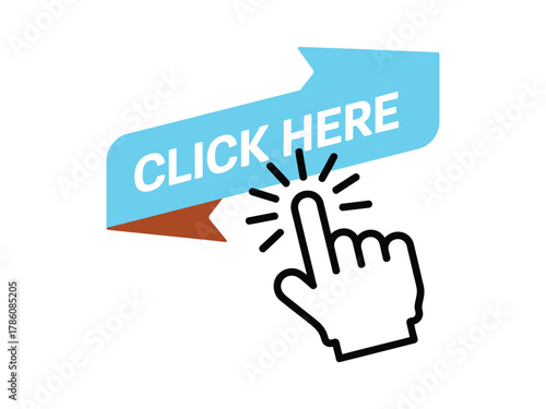 Click here button with hand cursor isolated on white background for website or application design concept
