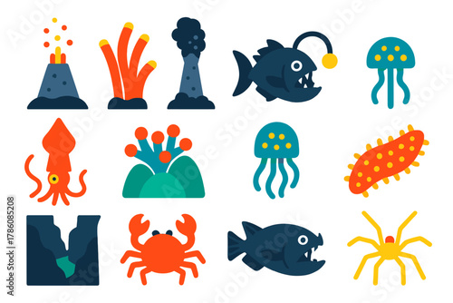 Deep Sea Icons. Flat vector icons of Deep Sea Environment: hydrothermal vent, tube worm, black smoker chimney, abyssal fish, giant