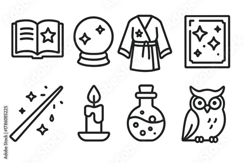 Wizard’s Icon Array. Line style icons of Wizard’s Tower: Spellbook, Crystal Ball, Robes, Star Chart, Wand, Candle, Potion Bottle,