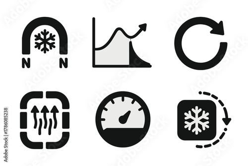 Refrigeration Process Icons. Solid style icons of refrigeration stages: magnetizing phase icon, heat absorption diagram,