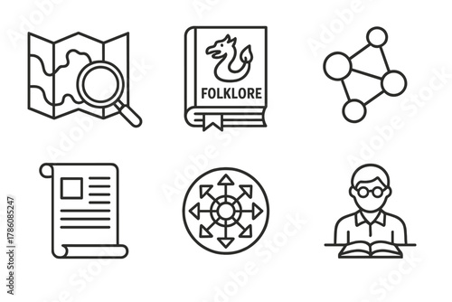 Origins Investigation Icons. Line style icons of Investigating Origins: magnifying glass over map, folklore book, connecting