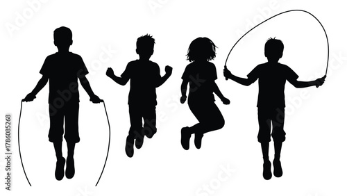 Children jumping rope silhouettes isolated on white background, Vector