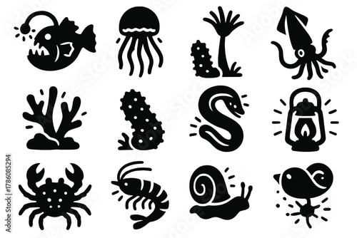 Bioluminescent Sea Icons. Solid style icons of Deep sea glow: anglerfish, lantern jellyfish, abyssal squid, glowing coral, sea