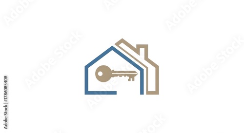 Minimalist logo stylized house frame with a key, two colors, clean, flat design