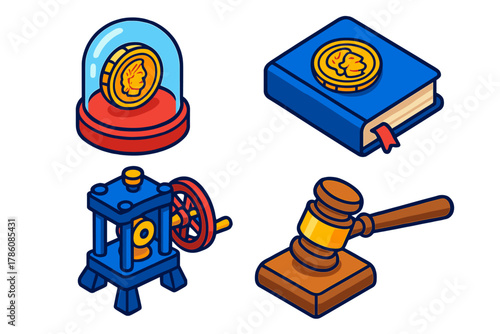 Historical Value Icons. Isometric vector illustration set Historical Value Symbols: Ancient gold coin under glass, collector’s