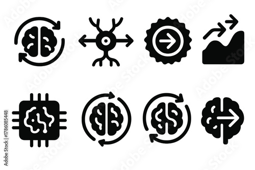 Change Leadership Icons. Solid style icons of change leadership and the brain: brain with transformation arrows, change management