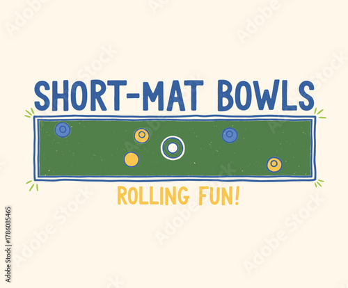 Short Mat Bowls Rolling Fun. Indoor Bowling Game Illustration. Retro Lawn Bowls Graphic. Sporty Hand Drawn Design. Fun Mat Bowls Vector