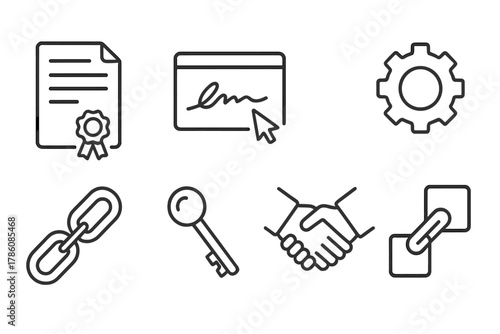 Smart Contract Icons. Line style icons of Smart Contracts: Document, Seal, Digital Signature, Gear, Code Window, Blockchain Link,