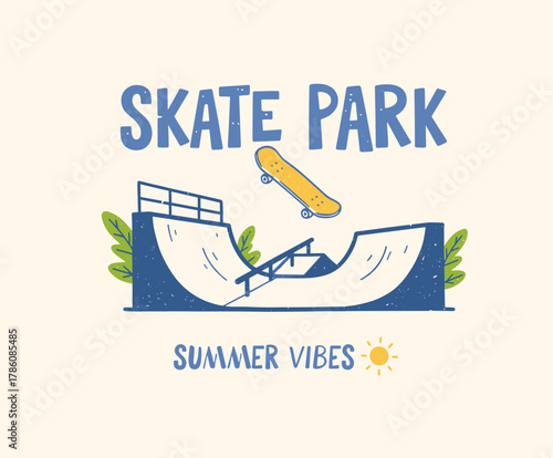 Skate Park Summer Vibes Design. Vintage Skateboard Graphic. Hand Drawn Half Pipe Illustration. Retro Skate Spot Artwork. Urban Extreme Sport Print