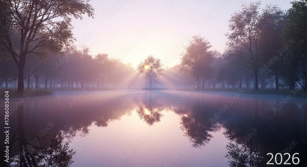 Fototapeta premium Misty morning scene with sun rays bursting through trees, reflected on serene water