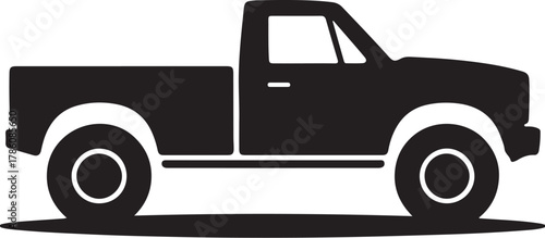 Classic black pickup truck silhouette icon, side view, simple graphic symbol for transport and utility