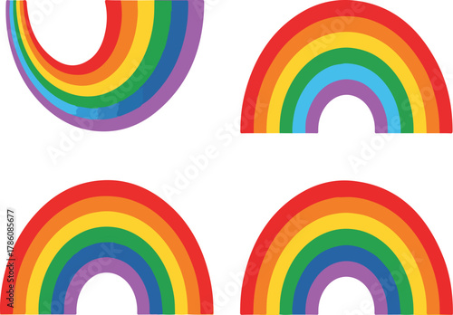 Four rainbow illustrations on a white background  rainbow, illustration, red, orange, yellow, green, blue, indigo, violet, white, background, shape, curve, circle, arch, color, spectrum, design, art, 