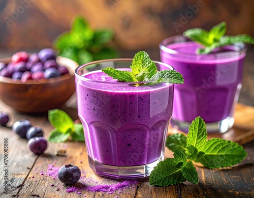 Two refreshing blueberry smoothies with fresh mint leaves are presented beautifully on a rustic wooden table alongside a bowl of ripe blueberries.