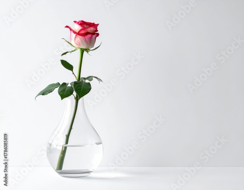 Beautiful single pink rose flower stands gracefully upright in a clear glass vase filled with water against a clean white background.