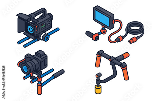 Film Equipment Icons. Isometric vector illustration set Film and photography – cinema camera rig, matte box, follow focus;