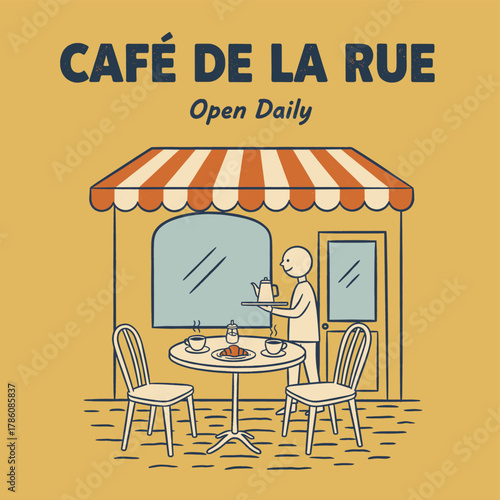 Cafe Terrace Retro Sign. Vintage Coffee Shop Illustration. Street Cafe With Waiter Service. Parisian Bistro Vector Graphic. Charming Diner Exterior Sc