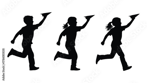 Children playing with paper airplanes silhouettes isolated on white background, Vector