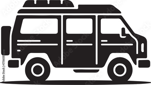 Off-road camper van with roof rack and rear spare tire, side view silhouette icon for travel
