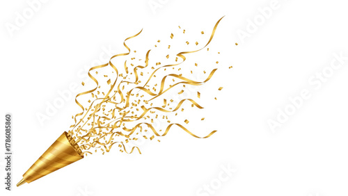 Vector illustration of golden party popper exploding with confetti and streamers on a white background