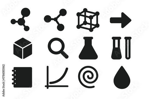 Molecular Icon Set. Solid style icons of molecular shape theory: molecule model, atoms connected, 3D lattice, arrow, cube,