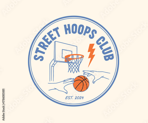 Street Hoops Club Badge Design. Retro Basketball Sport Emblem. Vintage Hoops Vector Logo. Hands Dribbling Ball Graphic. Basketball Streetwear Tshirt