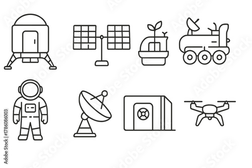 Interstellar Habitat Icons. Line style icons of Interstellar Colony: Habitat Module, Solar Panel, Rover, Hydroponics Bay,