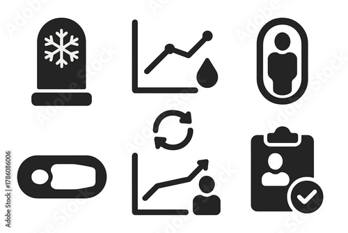 Preservation Process Icons. Solid style icons of multi-phase preservation: initial freeze icon, chemical stabilization chart, pod