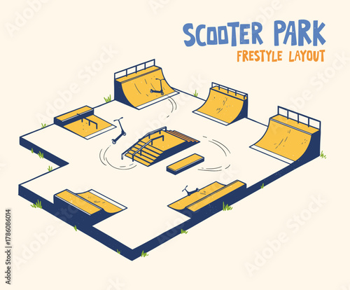 Scooter Park Freestyle Layout. Retro Skateboard Ramps. Isometric Stunt Sport Venue. Hand-drawn Extreme Park. Urban Street Obstacle Course