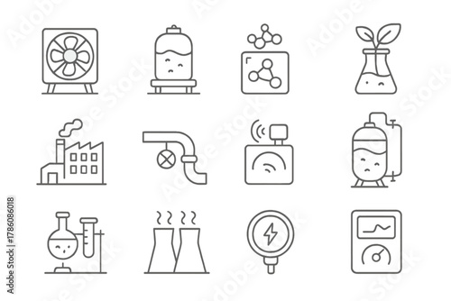 Atmospheric Engineering Icons. Line style icons of Atmospheric Engineering: Air Capture Device, Storage Chamber, Molecule Filter,