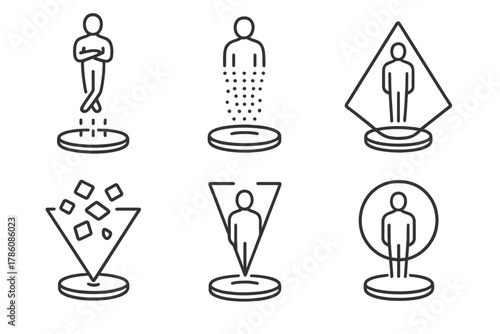 Holographic Illusion Icons. Line style icons of holographic stage illusions: levitating hologram, disappearing projection effect,