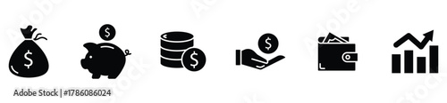 Business and finance icon collection, currency and savings symbols, wallet and coins graphic, piggy bank illustration, investment and growth chart, modern flat style.