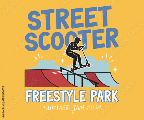 Street Scooter Park Design. Action Rider Stunt Graphic. Retro Freestyle Sport Art. Summer Event Badge Template. Scooter Rider T-shirt Print