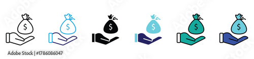 Financial assistance and payment icon. Hand holding money or dollar coin symbol representing support and funding.	