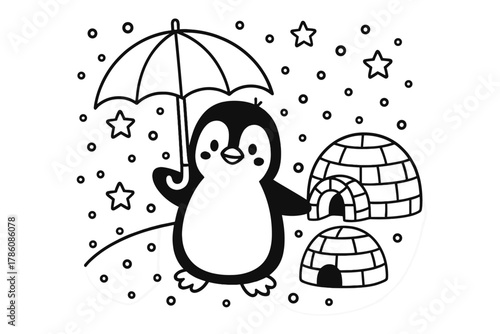 Penguin's Snowy Adventure. A playful penguin holding an umbrella under falling snow with igloos and stars, black and white line