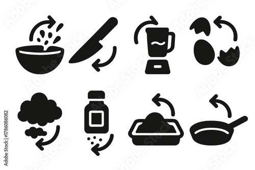 Reverse Cooking Process. Solid style icons of reversed ingredients preparation: mixing bowl unmixing, knife uncut motion, blender