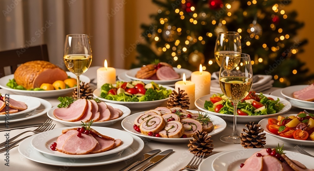 Fototapeta premium Festive Christmas Dinner Table with Holiday Decorations