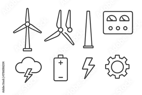 Wind Power Icons. Line style icons of Wind Power: Wind Turbine, Blades, Tower, Control Panel, Cloud, Lightning, Battery, Gear, No