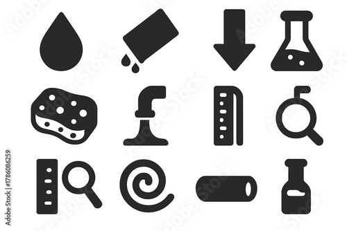 Fluid Flow Icons. Solid style icons of foam drainage and liquid flow: droplet, tilted container, arrow, sponge, pipe, water stream