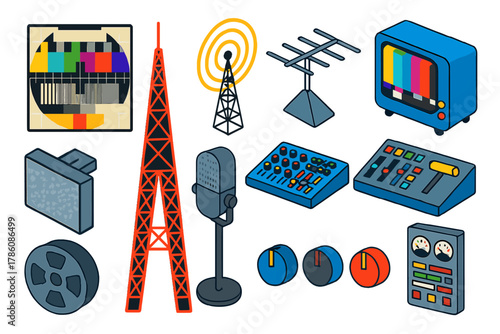 Vintage Broadcast Icons. Isometric vector illustration set Analog Broadcast: vintage test pattern grid, tall radio tower, rooftop