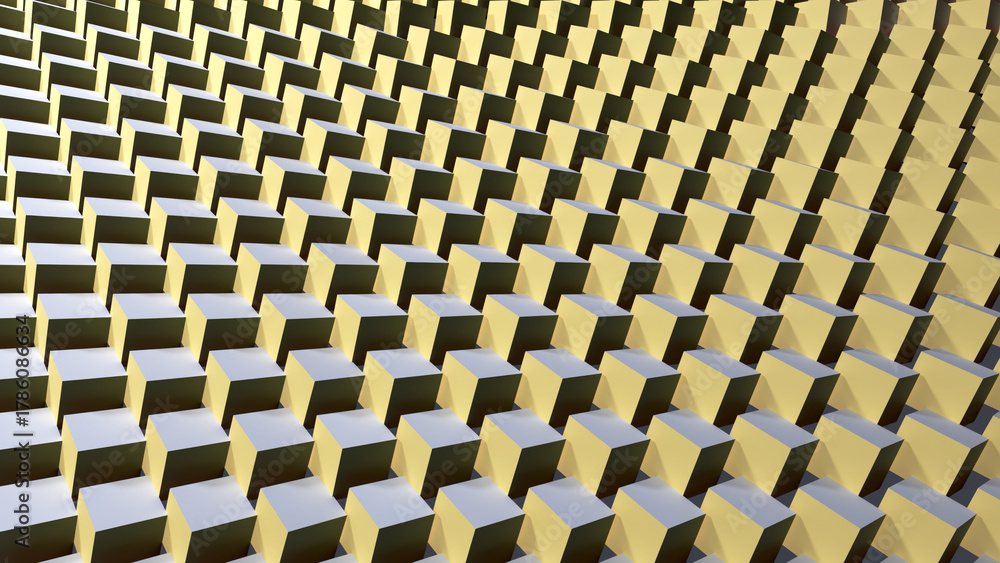 Fototapeta premium A yellow and light grey cube pattern. The cubes are arranged in a symmetrical pattern, creating a visually pleasing and eye-catching design. Wallpaper.